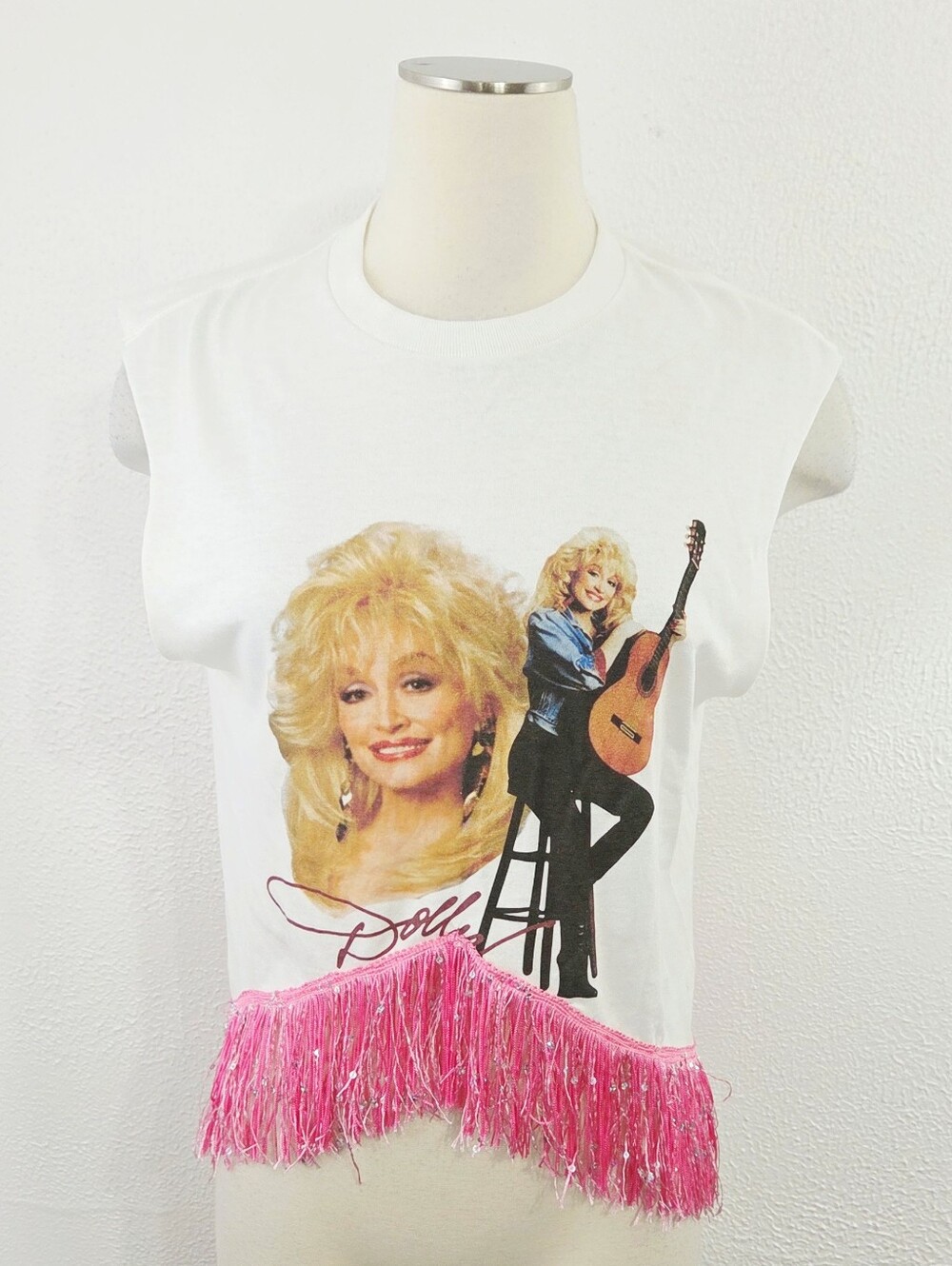 Upcycled Dolly Parton concert tee pink fringe sleeveless cropped western women's